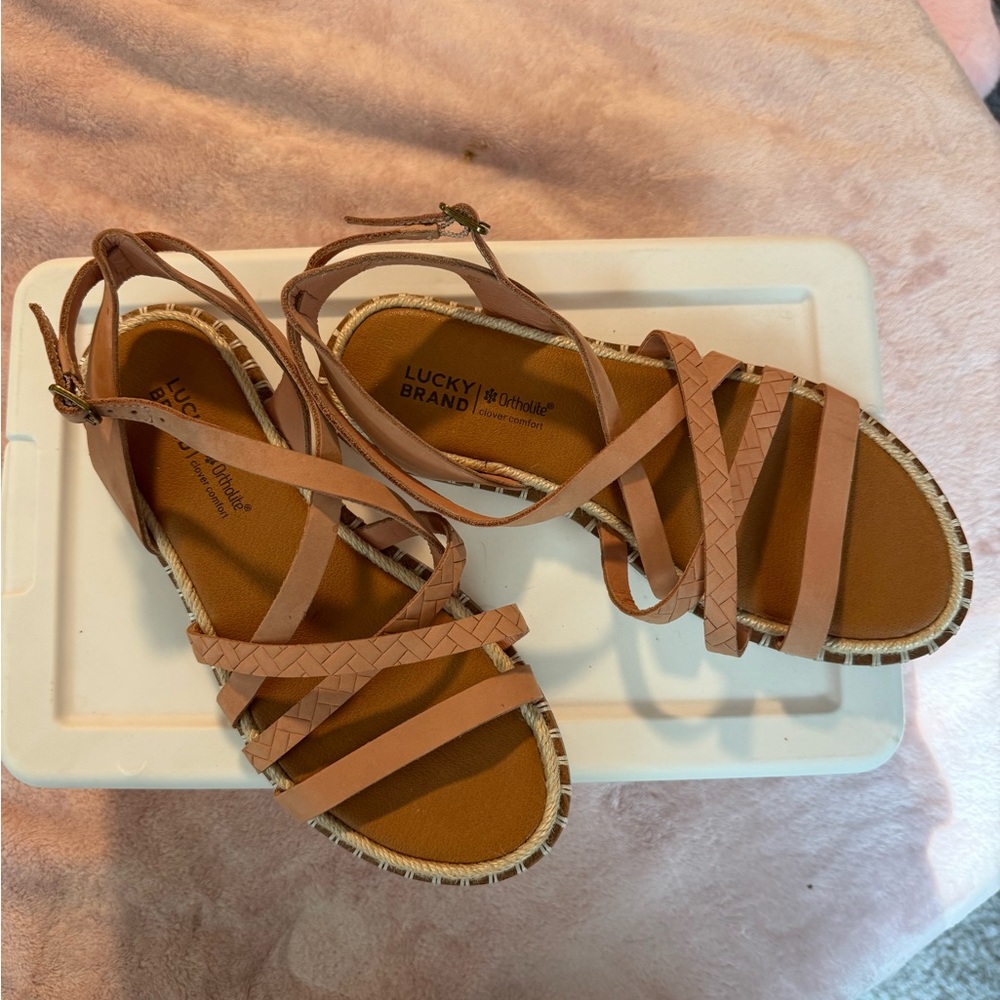 Lucky Brand Pink Tan Strappy Espadrille Sandals